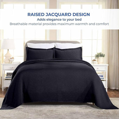 Superior 3 Piece Basketweave Cotton Bedspread Set, Home Bed Decor, Decorative Bed Spread, 2 Pillow Shams, Medium Weight Blanket, Matelasse Coverlet Bedding, Geometric Lattice Pattern, Full, Navy Blue