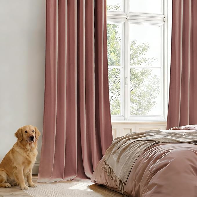 Velvet Curtains 108 Inches Long for Girls Room, Luxury Room Darkening Thermal Insulated Dusty Rose Pink Velvet Curtain Privacy Drapes for Living Room, Back Tab Rod Pocket, W52 x L108, 2 Panels
