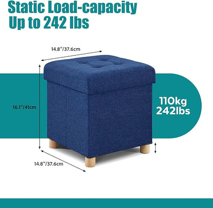 BRIAN & DANY Ottoman with Storage, Small Storage Ottoman for Dorm, Linen Folding Ottoman Foot Stool with Legs for Living Room and Bedroom, 14.8"x14.8"x16.1" - Blue