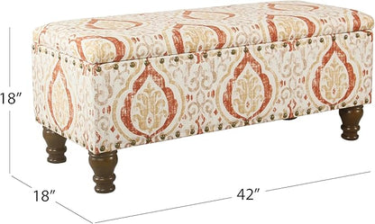 HomePop Large Storage Bench with Nailhead Trim -Orange and Cream Medallion
