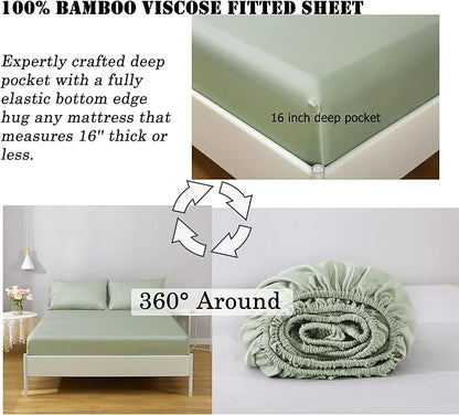 Linen World Cooling Bed Sheets Set Full Size,100% Organically Grown Viscose Sheets,Deep Pocket Up to 16",4 Pieces Silky Soft,Breathable Bedding Sheets & Pillowcases(Sage Green,Full)