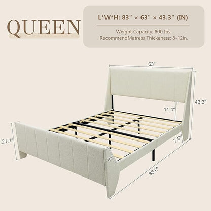 Brafab Queen Boucle Upholstered Bed Frame with Wingback Headboard, No Box Spring Needed, Easy Assembly, Platform Bed with Wooden Slats, Beige(Queen (U.S. Standard))