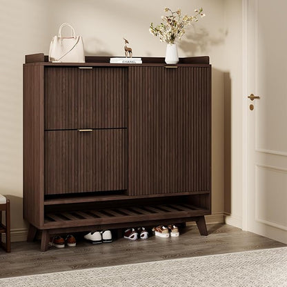 IDEALHOUSE Fluted Shoe Cabinet Storage with 2 Flip Drawers & Sliding Door & Adjustable Shelf Rack，Freestanding Wood Narrow Hidden Shoe Organizer for Entryway, Hallway, Living Room