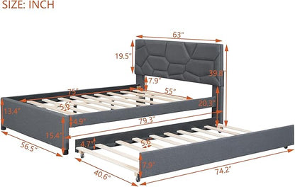 Full Size Bed Frame with Twin Size Trundle,Linen Upholstered Platform Bed Frame Full with Brick Pattern Headboard,Wood Slat Support Included,No Box Spring Needed,Easy Assembly,Gray