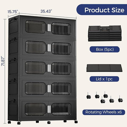250 Gallon Extra Large Storage Bin with Lid and Wheels, Stackable Collapsible Plastic Storage Box with Door, Foldable Organizer for Closet, Kitchen, Office, Living Room, 5 Pack Black