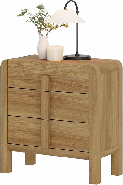 WAMPAT Modern 3 Drawer Nightstand, 31.5" Tall Nightstand with Large Chest of Drawers, Wooden Bedroom Dresser w/Curved Profile Design, End Table Bed Side Table for Bedroom, Living Room, Light Walnut