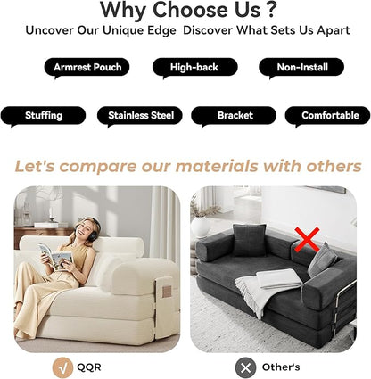 Upgrade High Backrest Design Sofa Bed with Fixed-Shape Frame & Removable Armrests and Backrest, 2 Corduroy Pillow, Convertible Mattress Couch for Small Spaces - No Assembly (High Backrest Beige)