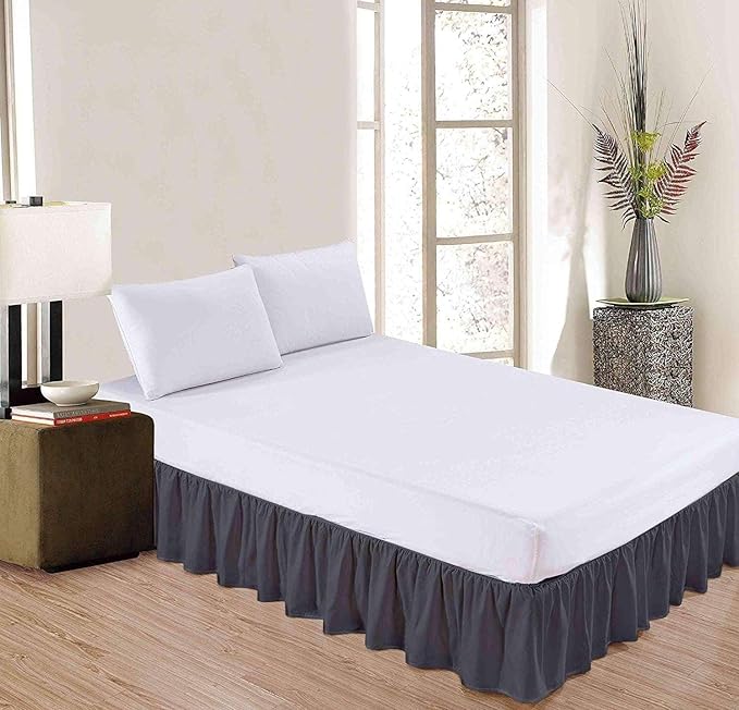 Dark Grey Solid Ruffled Bed Skirt Queen-XL-24 Inch Drop Split Corner, Microfiber Bedskirt with Platform Three Sided Coverage