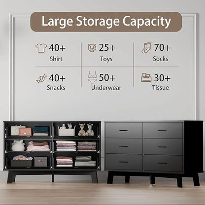 Dresser for Bedroom with 6 Drawer, Modern Chest of Drawers with X-Shaped Sturdy Base, Wide Wood Double Dresser Closet Clothes Storage Organizer, Wooden TV Stand for Living Room, Hallway, Black