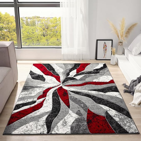 Modern Abstract Area Rug Hand Carved Contemporary Geometric Swirls Vibrant Colors Carpet for Living Room Bedroom Design PR1002 (Red, 8' x 10')