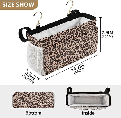 Bedside Caddy Hanging Bunk Bed Caddy Bed Organizer Hanging Pocket with 2 Hooks Bedside Storage Organizer Pocket Bag Holder Leopard Print Brown
