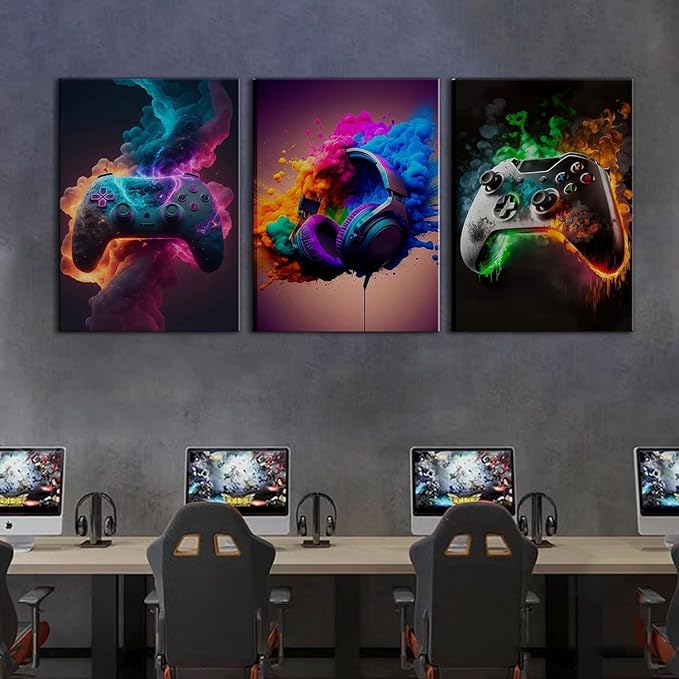 Gaming Room Decor Canvas Wall Art Set of 3 - Cool Video Gaming Theme Wall Decor, Gamer Paintings Picture Print for Teen Boys Room 12x16 inch Framed