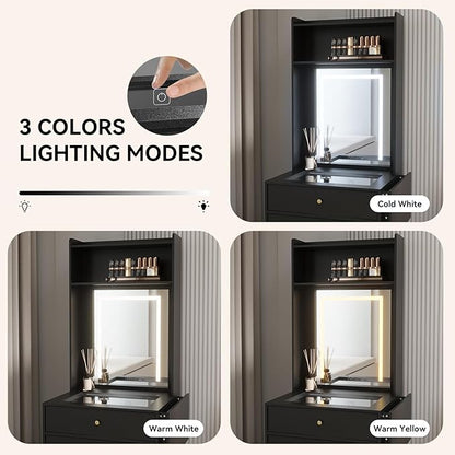 ARTETHYS Small Vanity Desk Set with 3 Adjustable Lighted Mirror and Storage Chair Mini Black Makeup Vanities Set for Bedroom Compact Make up Dressing Table with Fold-up Panel for Tiny Space