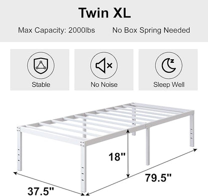 18 Inch Twin XL Bed Frame Heavy Duty No Box Spring Needed Metal Platform with Maximum Storage, Easy to Assembly, Noise Free, White