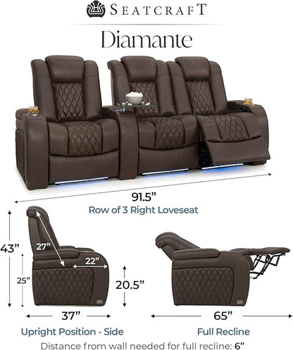 Seatcraft Diamante Zero-Gravity CoolZero Italian Leather Home Theater Seating, Power Headrest, Power Recline, Row of 3 Right Loveseat, Brown