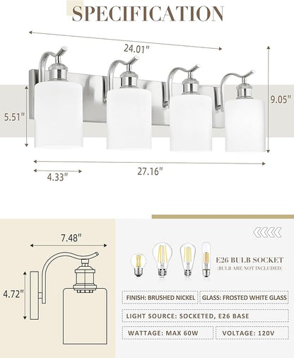 Milk Glass Bathroom Light, 4-Light Vanity Light Fixture, Brushed Nickel Wall Sconce, VL01BNW-4