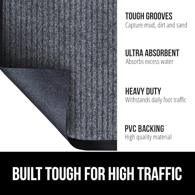 GORILLA GRIP Waterproof Traffic Guard Door Mat, 60x36, Heavy Duty Entryway Mats, Strong Rubber Back Commercial Utility Rugs for Office Hallway, Garage Floor and Home, Low Profile Carpet, Charcoal Gray