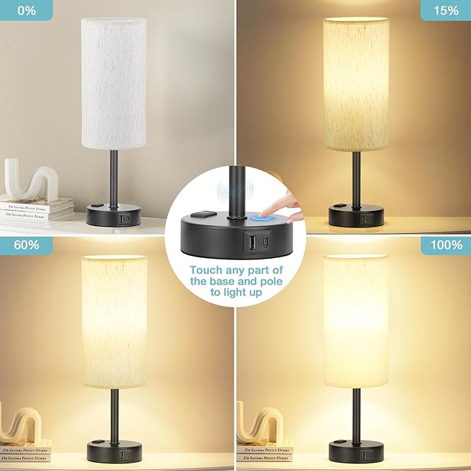 Light Beige Table Lamp for Nightstand - 3 Way Dimmable Bedside Lamp for Bedroom with USB C A Charging Ports and AC Outlet, Small Desk Lamp with Black Base for Living Room, Office, LED Bulb Included