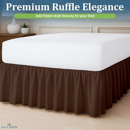 Rajlinen Ruffled Bed Skirt Full XL, 16 Inch Drop Dust Ruffle with Split Corners, 100% Microfiber Bedskirt with Platform, Three-Sided Coverage Ruffled Gathering Design, Chocolate