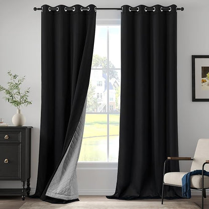 3-in-1 Blackout Curtains Soundproof Noise Reduction Curtains Black Thermal Insulated Drapes for Winter Room Divider Grommet Curtains for Living Room Bedroom (1 Panel, Black, 50" x 108")