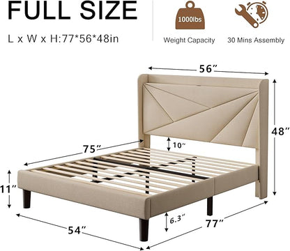 Full Size Upholstered Bed Frame with Charging Station, Platform Bed Frame with Storage Headboard, Solid Wood Slats Support, No Box Spring Needed, Beige