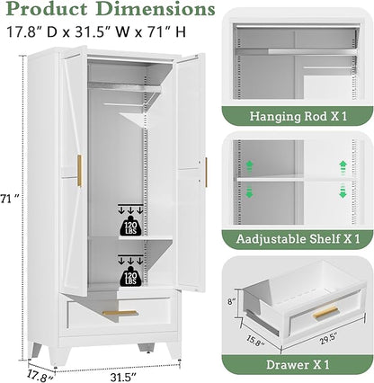 Metal Armoire Wardrobe Closet,71" Tall White Storage Cabinet with Hanging Rod,1 Drawers & 1 Adjustable Shelves,Heavy-Duty Steel Wardrobe for Bedroom, Garage, and Office