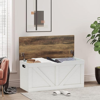 Timberer 39.4" Storage Chest, Wooden Storage Bench, Large Storage Trunk with 2 Safety Hinges, Entryway Shoes Bench for Living Room, Bedroom, Brown and Rustic White