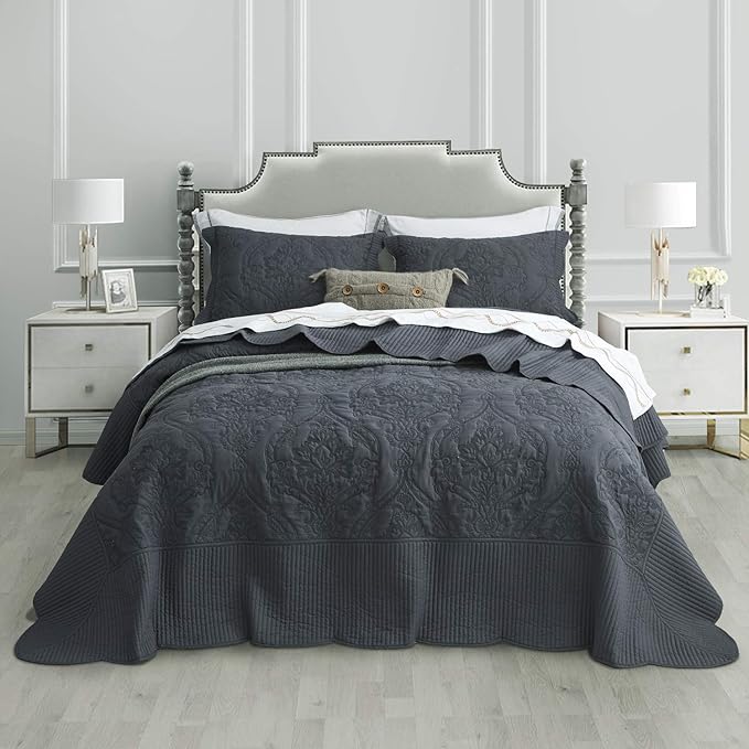CHIXIN Oversized Bedspread Coverlet Set King Size - Lightweight Bedding Cover - Beautiful Stitching - 4 Piece Reversible Bedspread - Gorgeous Damask Paisley Pattern (King, Dark Grey)