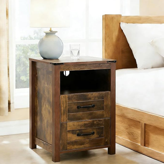 Brown Rustic Night Stand, Farmhouse End Table, Modern Bedside Table with 2 Storage Drawers and Open Shelf, Tall Nightstand for Bedroom