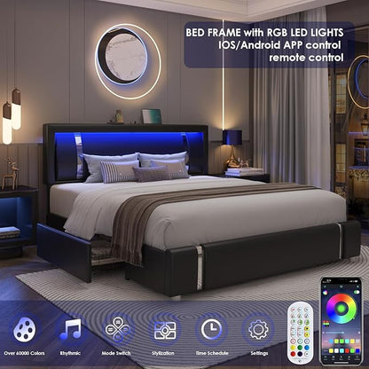 Full Size Bed Frame with RGB LED Lights Headboard & 2 Storage Drawers, Modern Upholstered Faux Leather Smart Platform Bed with Iron Metal Decor, USB & USB-C Charging Ports, No Box Spring Needed, Black
