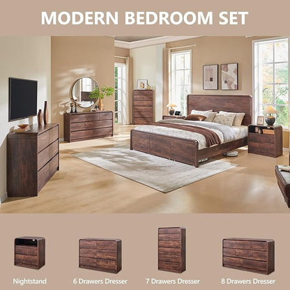 Modern 6 Drawers Dresser for Bedroom, 47" Wide Wood Dressers & Chests of Drawers w/Curved Profile Design, Mid Century Modern Dresser w/Natural Texture for Bedroom, Living Room, Brown