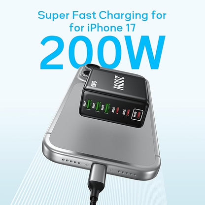 2 Pack USB C Charger Block 200W,6 Port Foldable Fast Charger Type C Charger iPhone 17 16 Fast Charging PD 3.1 Charging Station for All iPhone/Samsung Galaxy S25/S24/MacBook Pro/iPad