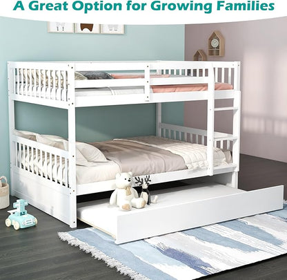 Giantex Full Over Full Bunk Bed with Trundle, Solid Wood Trundle Bed Frame w/Guardrails and Ladder, Convertible to 2 Beds, Full Size Bunk Beds for Adults Kids Teens, No Box Spring Needed, White