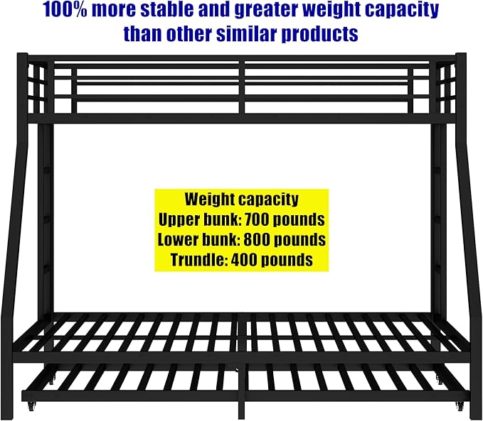 Higher Quality & Stronger Metal Bunk Bed Twin XL Over Queen Size Bunkbed Frame, Thickened Heavy Duty More Stable Steel Bunk Bed with Twin Size Trundle (Twin XL Over Queen)