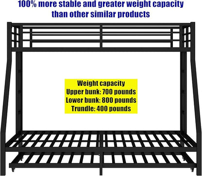 Higher Quality & Stronger Metal Bunk Bed Twin XL Over Queen Size Bunkbed Frame, Thickened Heavy Duty More Stable Steel Bunk Bed with Twin Size Trundle (Twin XL Over Queen)