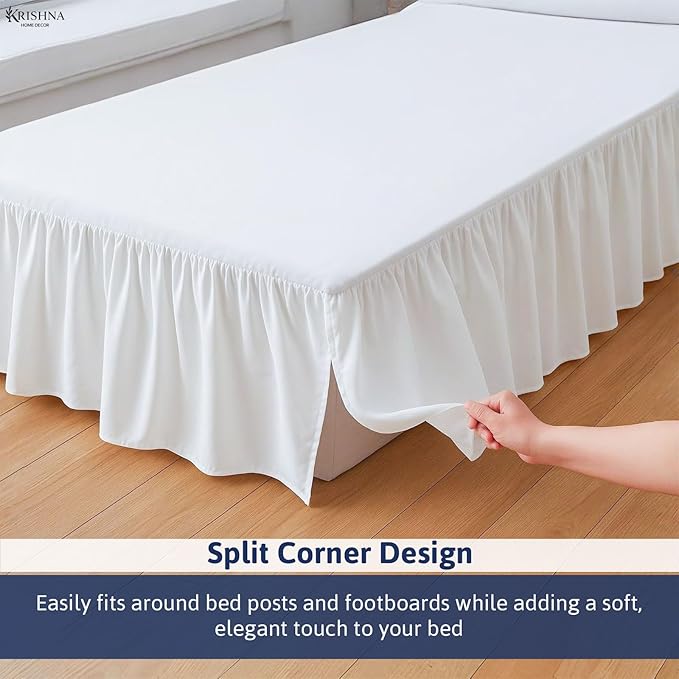 KRISHNA Ruffled Bed Skirt with Split Corners King, 100% Microfiber Hotel Quality, 16 Inch Drop Dust Ruffle Gathered Bedskirt with Platform, 78" x 80", White