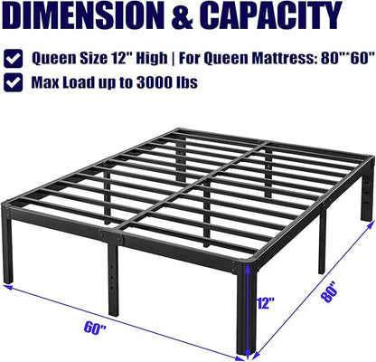 Hunlostten 12" High Queen Bed Frame No Box Spring Needed, Heavy Duty Metal Platform Bed Frame Queen Size with Round Corners, Easy Assembly, Noise Free, Black