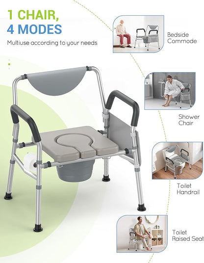 Heavy Duty Bariatric Commode, 4-in-1 Portable Bedside Commode or Over-Toilet Chair, Extra-Wide | Adjustable Height | Easy to Clean, Handicap Commode Chair for Eldery, Disabled People