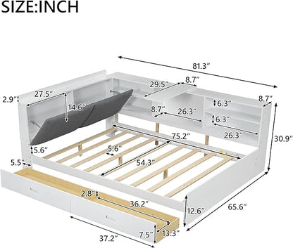 Ball & Cast Full Size Wooden Storage Daybed Frame, Modern Platform Bed with Drawers & Flip Headboard & Shelves, L Shaped Full Floor-Bed w/Upholstered Headboard&Storage, No Box Spring Needed, White