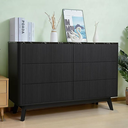 Fluted 6 Drawers Dresser for Bedroom,52" Wide Handleless Chest of Drawers with Faux Marble Top, Wooden Dresser TV Stand, Wood Drawer Organizer for Living Room, Hallway, Black