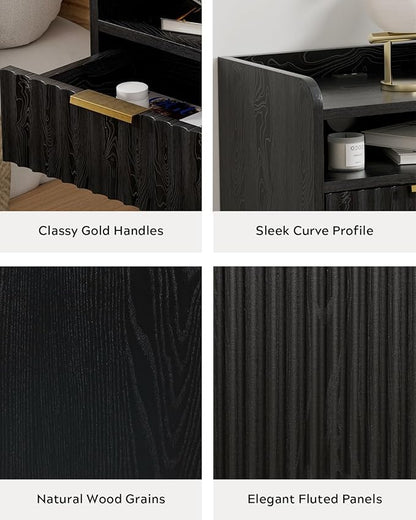 Fluted Floating Nightstand Set of 2, Wall Mounted Bedside Table with Storage Drawer and Open Shelf, Night Stand with Charging Station for Living Room, Bedroom, Dorm, Black