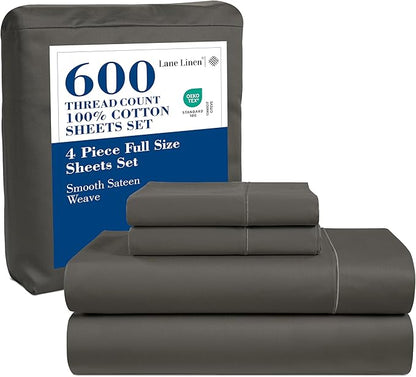 LANE LINEN 600 Thread Count 100% Mercerized Cotton Machine Wash Full Size Bed Sheets Set, Fully Elasticized Fitted Sheet, European Closure Pillow Cases, Z Hem Top Sheet, Soft & Comfy Sheets - Charcoal