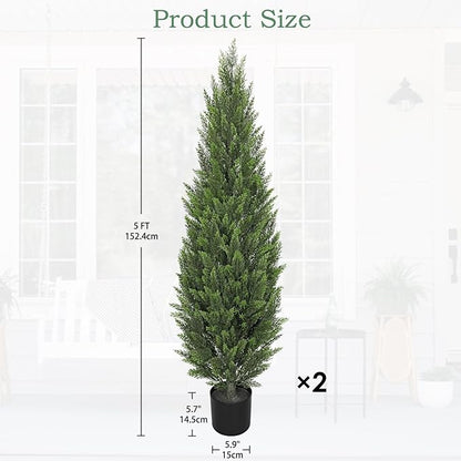 Briful 5ft Cedar Topiary Trees Artificial Outdoor Set of 2, Realistic Faux Cedar Pines with Pots, UV Resistant Christmas Greenery for Holiday Decor, Indoor Farmhouse Entryway Patio Door Plants