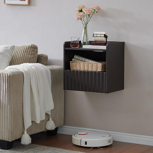 Modern Fluted Floating Nightstand Wall Mounted - Bedside Table with Storage Drawer & Display Shelf, Minimalist Bedroom Furniture for Studio Apartments(Espresso)