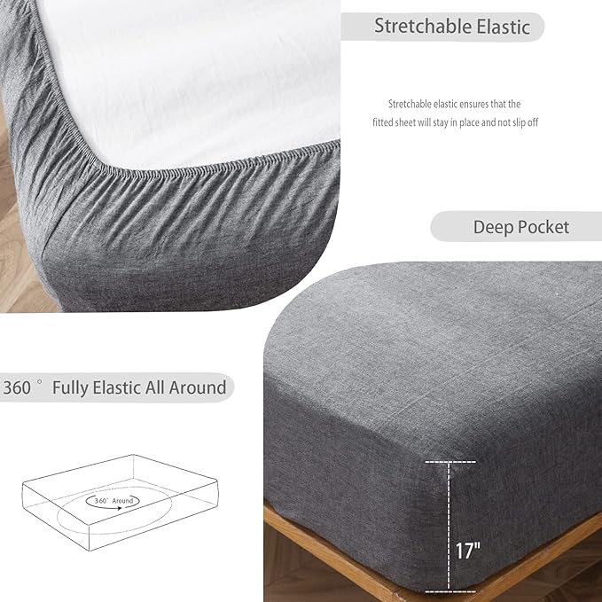 MooMee Fitted Bottom Sheet Only 100% Washed Cotton Linen Like Textured Breathable Durable Soft Comfy Deep Pocket Fits Mattress up to 17" (Dark Grey, King)