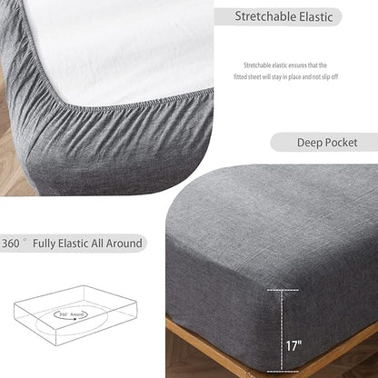 MooMee Fitted Bottom Sheet Only 100% Washed Cotton Linen Like Textured Breathable Durable Soft Comfy Deep Pocket Fits Mattress up to 17" (Dark Grey, King)