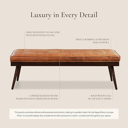 Poly & BARK 55" Tufted Leather Bed Bench for Bedroom End of Bed - Living Room Entry Way Bench - Pure Italian Leather Upholstery with a Solid Wood Frame - Ottoman Bench with Wooden Legs - Cognac Tan