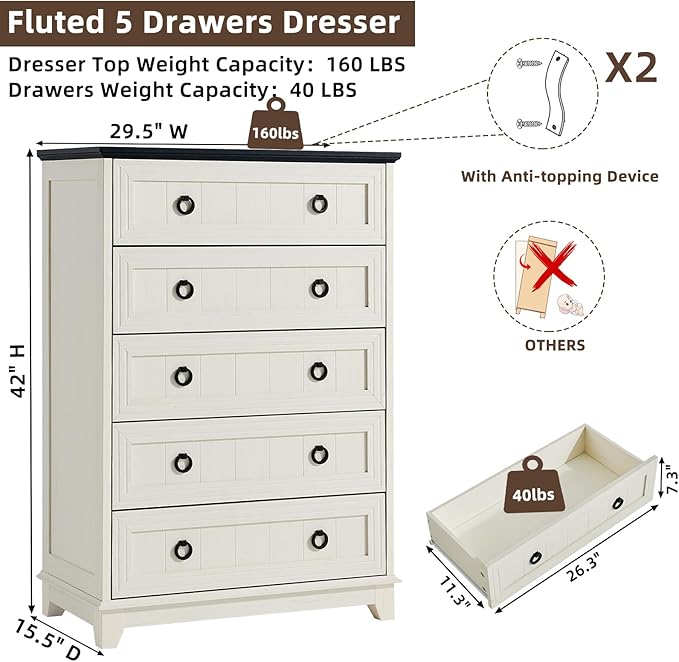 Farmhouse 5 Drawer Dresser for Bedroom Set of 2, 42" Tall Small Dressers & Chest of Drawers, Rustic Wood Dresser with Metal Handle, Storage Organizer Closet for Living Room, Hallway,Entryway