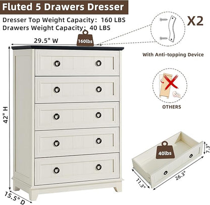 Farmhouse 5 Drawer Dresser for Bedroom Set of 2, 42" Tall Small Dressers & Chest of Drawers, Rustic Wood Dresser with Metal Handle, Storage Organizer Closet for Living Room, Hallway,Entryway