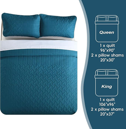Yiran Teal Blue Quilt Set Queen Size Lightweight Bedspread Ultrasonic Wave Pattern Soft Microfiber Coverlet for All Season Modern Style 3 Piece Bed Cover Sets with 2 Pillow Shams (96"x90")